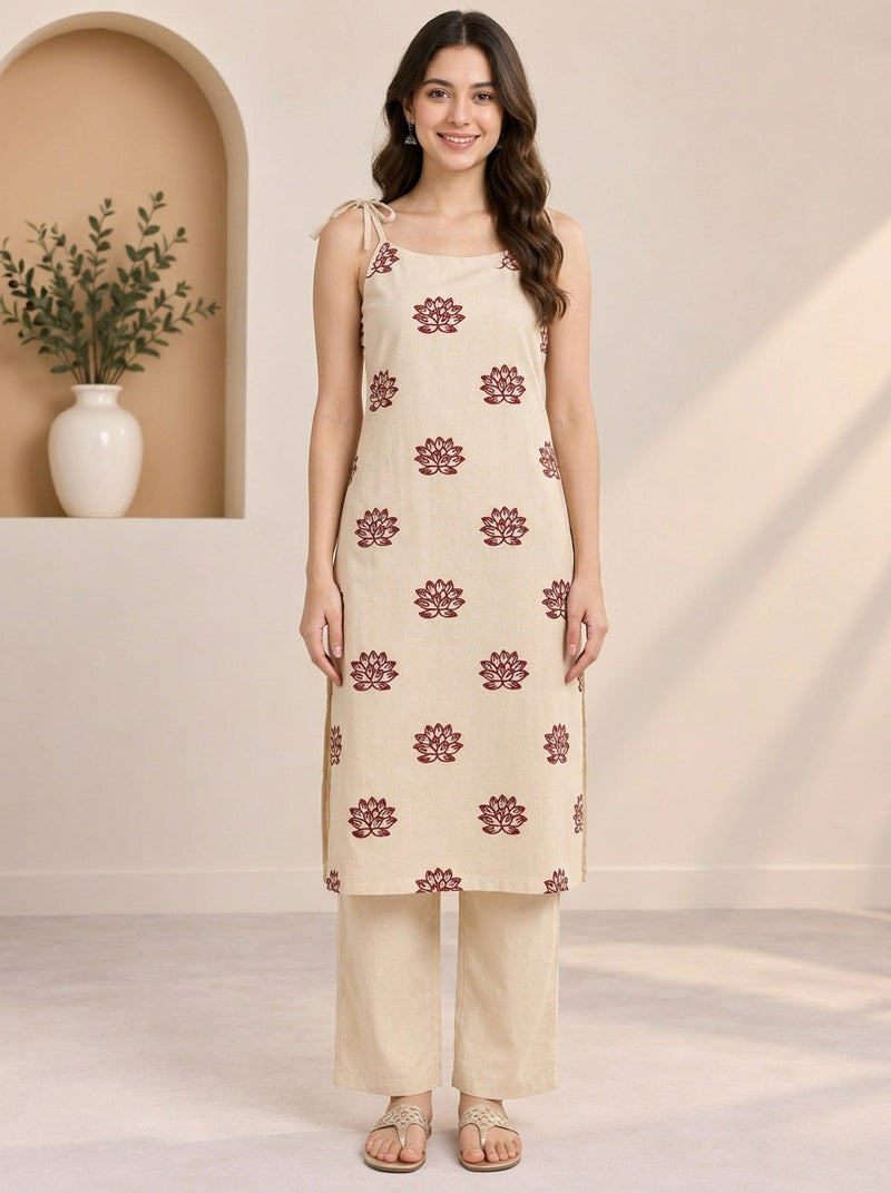 Naarangi Crafts Women Embroidered Thread Work Pure Cotton Kurta with Palazzos.
