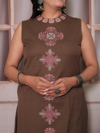 Women's Embroidery Cotton Kurta Palazzo Set – Earthy Brown