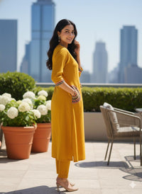 Women's Embroidery Cotton Kurta Palazzo Set – Mustard Yellow