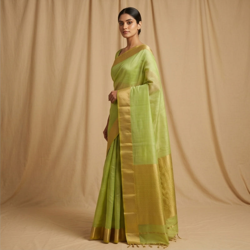 Maheshwari Handloom Silk-Cotton Saree – Forest Green