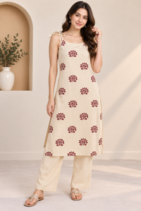 Naarangi Crafts Women Embroidered Thread Work Pure Cotton Kurta with Palazzos.