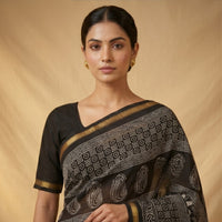 Chanderi Printed Saree – Midnight Black Triangle Print