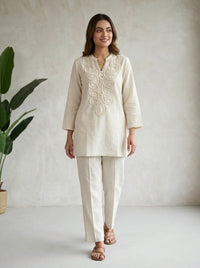 Off White Embellished Cotton Co-Ord Set